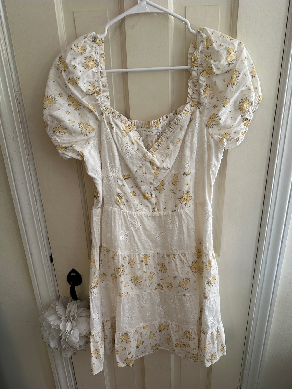 White with Yellow Floral Print Dress